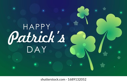 Happy St. Patricks Day elegant greeting card design with clover leaves text on green shiny background. 