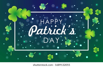 Happy St. Patricks Day elegant greeting card design with clover leaves text on green shiny background. 