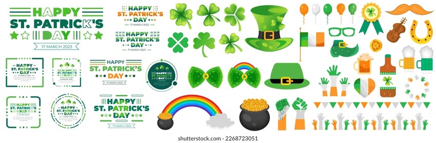 Happy St. Patrick's Day elements mega set with green clover, shamrock, green ale, gold coins pot, and rainbow on white background. St. Patrick's Day typography mega bundle. Saint Patrick's Day bundle.