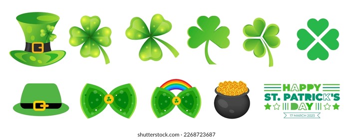 Happy St. Patrick's Day elements mega set with green clover, shamrock, green ale, gold coins pot, typography and rainbow on white background. Saint Patrick's Day bundle.