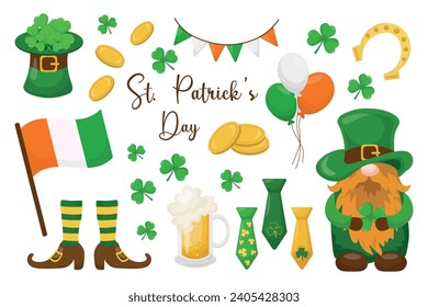 Happy St. Patrick's Day elements  set with green clover, shamrock, green ale, gold coins pot, green hats, boot, horseshoes, clover,  on white background. St. Patrick's Day typography bundle.