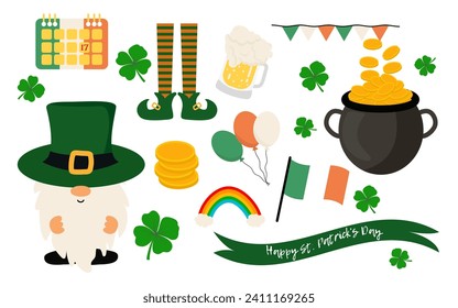 Happy St. Patrick's Day elements set with green clover, shamrock, green ale, gold coins pot, green hats, boot, horseshoes, clover, on white background. St. Patrick's Day typography bundle.