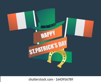 Happy St. Patrick's Day. Festive design with clover and horseshoe leaves. Irish flag. Background for greeting card, wrapping paper, promotional materials. Vector illustration