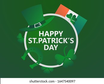Happy St. Patrick's Day. Festive design with clover and horseshoe leaves. Irish flag. Background for greeting card, wrapping paper, promotional materials. Vector illustration
