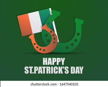 Happy St. Patrick's Day. Festive design with clover and horseshoe leaves. Irish flag. Background for greeting card, wrapping paper, promotional materials. Vector illustration