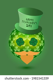 Happy St. Patricks Day. Festive abstract green poster. 3d ball with a red beard and clover-shaped eyes with four lucky petals and a large hat