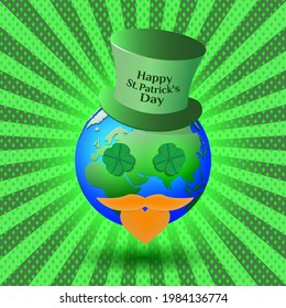 Happy St. Patricks Day. Festive abstract green radiant poster. 3d planet Earth with a red beard and clover-shaped eyes with four lucky petals and a large hat