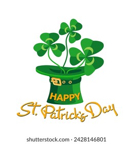 Happy St. Patrick's Day.  Festive composition of leprechaun hat with clover, and orange letters. Handwritten lettering isolated on white. Spring holiday March 17 Saint Patrick. Vector illustration