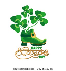 Happy St. Patrick's Day.  Festive composition of leprechaun boot with clover, and orange letters. Handwritten lettering isolated on white. Spring holiday March 17 Saint Patrick. Vector illustration