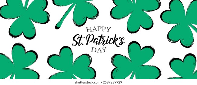 Happy St. Patrick's Day festive banner. Hand lettering and brush stroke clovers. Graphic template for Saint Patricks Day holiday greetings and invitations. Vector illustration.