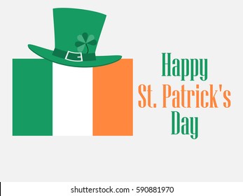 Happy St. Patrick's Day. Festive background with an Irish flag and clover. Leprechaun hat. Vector illustration