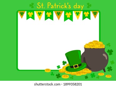 Happy St. Patricks Day flat card design. Horizontal vector illustration. Holiday elements pot of gold, green hat, flags, coins, clover leaves, text. Special party invitation template. Place for text.
