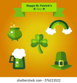 Happy St. Patrick's Day flat set of icons. Stylish easy editable green icons with beer, rainbow, hat, pot with money and shamrock