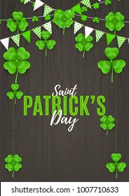 Happy St. Patrick's Day Flyer. Festive Decoration with Color Garlands and Clover Leaves. Vector Illustration.