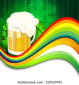 Happy St. Patrick's Day flyer, banner or poster with beer mug on rainbow background.