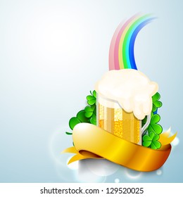 Happy St. Patrick's Day flyer, banner or poster with shamrock leaves, beer mug and golden ribbon on rainbow background.