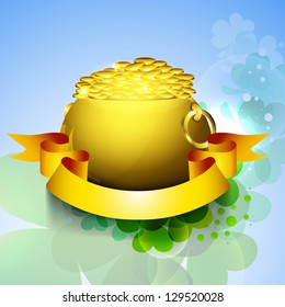 Happy St. Patrick's Day flyer, banner or poster with golden coins pot and ribbon.