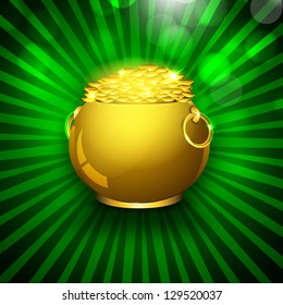 Happy St. Patrick's Day flyer, banner or poster with golden pot with coins on rays background.