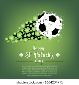 Feliz Día de San Patricio. Volando una bola de fútbol abstracta hecha de manchas y trébol de manera lechosa. Estilo grueso. Patrón para banner, afiche, tarjeta de saludo, invitación de fiesta. Ilustración del vector