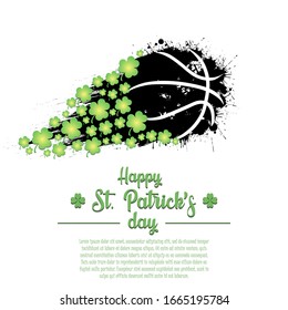 Happy St. Patrick's day. Flying abstract basketball ball made from blots and clover by milky way. Grunge style. Pattern for banner, poster, greeting card, party invitation. Vector illustration