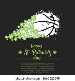 Happy St. Patrick's day. Flying abstract basketball ball made from blots and clover by milky way. Grunge style. Pattern for banner, poster, greeting card, party invitation. Vector illustration