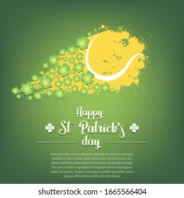 Happy St. Patrick's day. Flying abstract tennis ball made from blots and clover. Grunge style. Pattern for banner, poster, greeting card, party invitation. Vector illustration