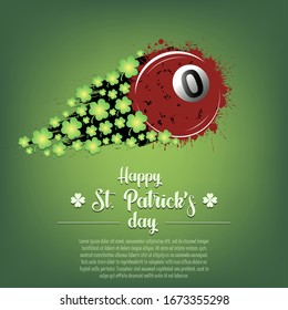 Happy St. Patrick's day. Flying abstract billiard ball made from blots and clover by milky way. Grunge style. Pattern for banner, poster, greeting card, party invitation. Vector illustration