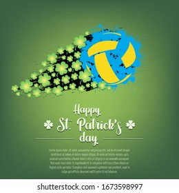 Happy St. Patrick's day. Flying abstract volleyball ball made from blots and clover by milky way. Grunge style. Pattern for banner, poster, greeting card, party invitation. Vector illustration