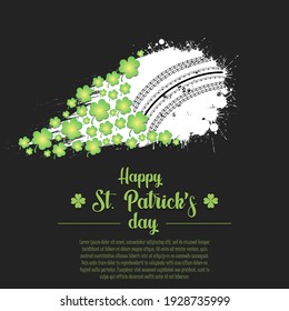 Happy St. Patrick's day. Flying abstract cricket ball made from blots and clover by milky way. Grunge style. Pattern for banner, poster, greeting card, party invitation. Vector illustration