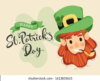 Happy St. Patrick's Day Font with Leprechaun Man Face and Smoking Pipe on Beige Background.