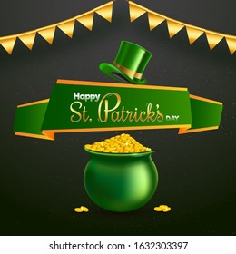Happy St. Patrick's Day Font in Ribbon with Leprechaun Hat and Golden Coins Pot on Olive Green Background.