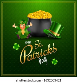 Happy St. Patrick's Day Font with Golden Coins Pot and Cheerful Leprechaun Man Sitting on Green Shamrock Leaves Pattern Background.