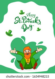 Happy St. Patrick's Day Font with Cheerful Leprechaun Man and Hats on Abstract Background.