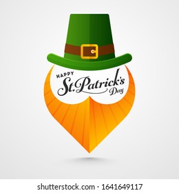 Happy St. Patrick's Day Font with Leprechaun Hat and Orange Paper Beard on White Background.