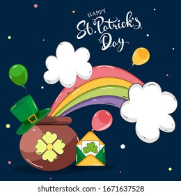 Happy St. Patrick's Day Font with Cauldron At The End Of A Rainbow Cloud, Leprechaun Hat, Balloons and Envelope on Blue Background.