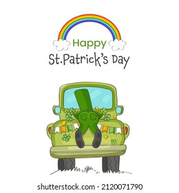 Happy St. Patrick's Day Font mit Regenbogen, Front View von Leprechaun Mann über Taxi auf weißem Hintergrund.