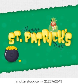 Happy St. Patrick's Day Font With Smoker Leprechaun Man, Cauldron Full Of Coins On Torn Paper Gray And Green Background.