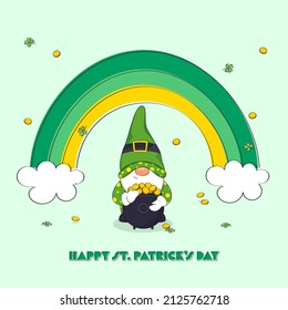 Happy St. Patrick's Day Font With Cartoon Gnome Holding Cauldron Of Coins In Leprechaun Dress And Rainbow On Pastel Green Background.