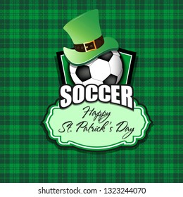 Happy St. Patricks day. Football logo template design. Soccer ball with St. Patrick hat. Pattern for banner, poster, greeting card, party invitation. Vector illustration