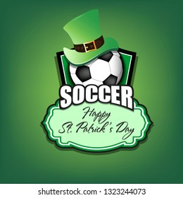 Happy St. Patricks day. Football logo template design. Soccer ball with St. Patrick hat. Pattern for banner, poster, greeting card, party invitation. Vector illustration