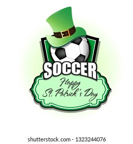 Happy St. Patricks day. Football logo template design. Soccer ball with St. Patrick hat. Pattern for banner, poster, greeting card, party invitation. Vector illustration