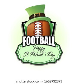Happy St. Patricks day. Football logo template design. Football ball with St. Patrick hat. Pattern for banner, poster, greeting card, party invitation. Vector illustration