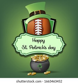 Happy St. Patricks day. Football logo template design. Football ball with St. Patrick hat and pot with gold. Pattern for banner, poster, greeting card, party invitation. Vector illustration