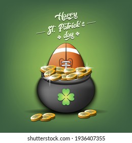 Happy St. Patricks day. A football ball in a pot of gold on an isolated background. Pattern for banner, poster, greeting card, invitation. Vector illustration