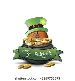 Happy St. Patrick's day. Football ball in leprechaun hat in pot with gold coins. Pattern design for logo, banner, poster, greeting card, party invitation. Vector illustration on isolated background