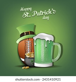Happy St. Patricks day. Football ball with St. Patrick hat, mug of beer and pot with gold. Pattern design for logo, banner, poster, greeting card. Vector illustration on isolated background