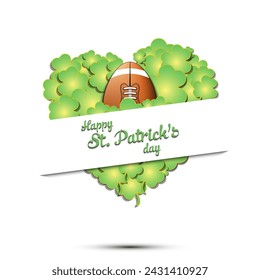 Happy St. Patricks day. Football ball on background heart made of clovers and shamrock. Pattern design for logo, banner, poster, greeting card. Vector illustration on isolated background