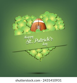 Happy St. Patricks day. Football ball on background heart made of clovers and shamrock. Pattern design for logo, banner, poster, greeting card. Vector illustration on isolated background