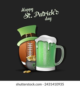 Happy St. Patricks day. Football ball with St. Patrick hat, mug of beer and pot with gold. Pattern design for logo, banner, poster, greeting card. Vector illustration on isolated background