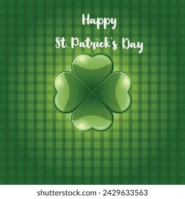 Feliz Día de San Patricio con trébol de la suerte de cuatro hojas aislado tablero de ajedrez, tablero de ajedrez bandera de fondo verde	